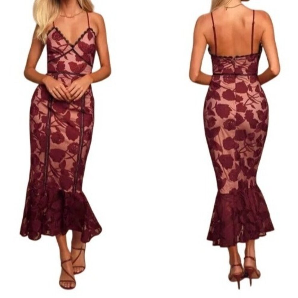 NWT Lulus Alluring Dream Burgundy Floral Mesh Lace Trumpet Midi Dress Formal